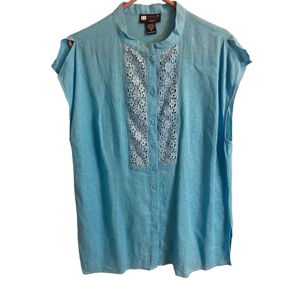Carole Little Linen and Lace Teal blouse 1X side slits, rectangle buttons